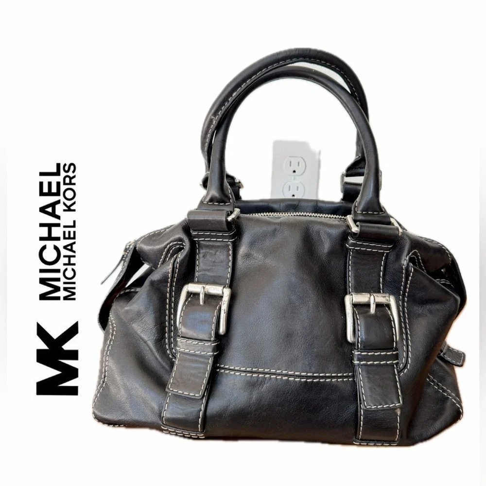 Y2K 90’s Michael Kors Satchel Black Leather Stitched Silver Distressed Bikercore
